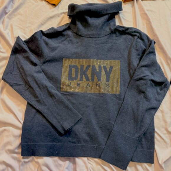 3 DKNY Turtleneck Logo Studded Sweaters - SIZE LARGE (Gold, Blue, and Black) - Picture 3 of 11